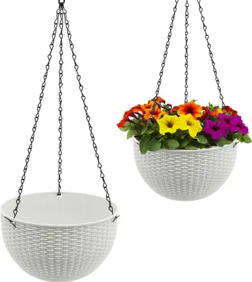 Produktbild von 2.06 Blumenampel RATTAN mit schwarzer Kette - 2er Set / jeweils ca. Ø 23 cm - Blumentopf hängend in weiß (2 Stück)