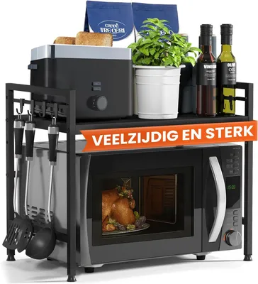 Image de Étagère pour micro-ondes, 2 niveaux, en acier, avec étagère réglable, de couleur noire, pour cuisine