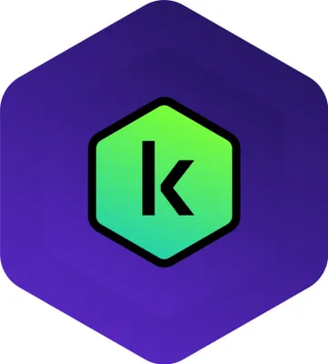A hexagonal icon with a gradient from green to lime green in the center, featuring a black letter 'k'. The icon is set against a larger, darker purple hexagonal background with a subtle gradient.