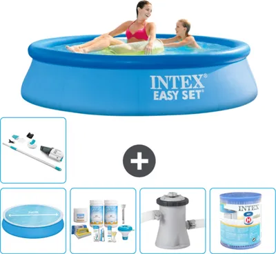 Produktbild von Intex runder aufblasbarer Easy Set-Pool – 244 x 61 cm – Blau – im Lieferumfang enthalten Sonnensegel - Wartungspaket - Filterpumpe für Schwimmbad - Filter - Staubsauger