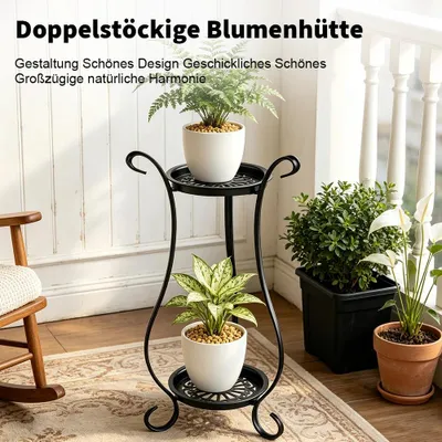 Image de Étagère à fleurs en métal - Étagère d'intérieur ou d'extérieur, pour plantes en pot - Modèle autoportant, 2 niveaux - Idéale pour balcon et jardin - Couleur : noir