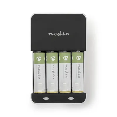 Produktbild von Nedis NiMH-Akku-Ladegerät AA / AAA - 1.2 V DC - Ladeerhaltung - Euro / Typ-C (CEE 7/16) - Batterietyp – Energie: AA / AAA - Schwarz / Weiss