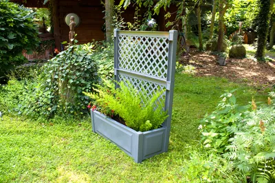 Produktbild von KHW Pflanzkasten 100 cm mit Spalier, 100 x 43 x H 140 cm, hochwertiger Kunststoff, stabil, UV-/wetterbeständig, Farbe: Grau, Lieferung 2er Set.