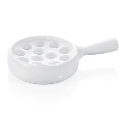 Produktbild von Schneckenteller, Porzellan, für 6 oder 12 Schnecken wählbar, Stielgriff : Schneckenpfanne für zwölf Schnecken, Ø 20 cm Variante: Schneckenpfanne für zwölf Schnecken, Ø 20 cm