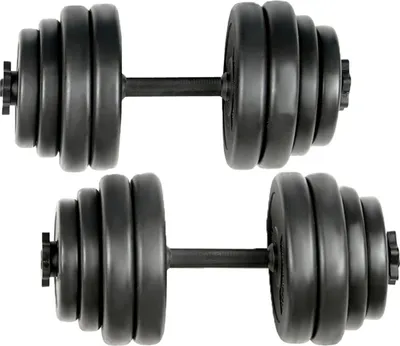 Produktbild von Physionics® Kurzhantel Set 30 kg (2 x 15 kg) - inkl. 16 Gewichte aus Kunststoff, 2 Hantelstangen und 4 Sternverschlüssen aus Metall, Griff gerändelt,  Ø 25 mm - Hantelstangen, Kurzhanteln
