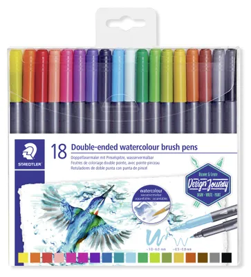 Produktbild von STAEDTLER 3001 Doppelfasermaler mit Pinselspitze, wasservermalbar Etui mit 18 Farben