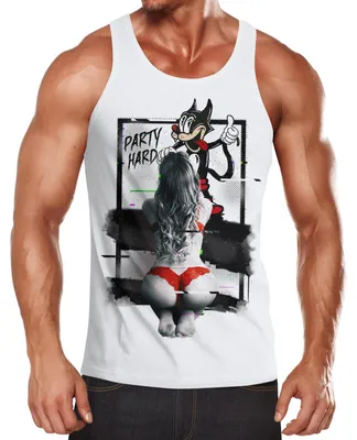 Produktbild von Herren Tanktop Party Hard Comic Katze Spruch lustig Humor Fun Shirt Muscle Shirt Achselshirt Neverless® weiß 3XL