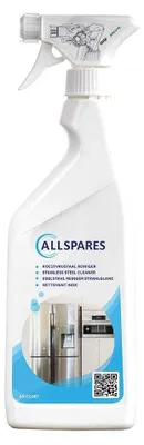 A white spray bottle of cleaning product for stainless steel appliances.
