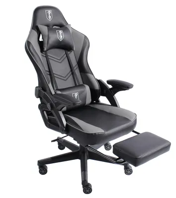 Produktbild von Gaming Stuhl im modernen Racing-Design mit ausziehbarer Fußstütze Gaming Chair mit verstellbaren Design Armlehnen ergonomischer Schreibtischstuhl mit extra Stützkissen,Farbe:Schwarz/Grau