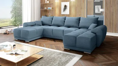 Produktbild von Velvet Ecksofa in U-Forma – Couch mit Stauraum und Kissen - Ausziehbares Schlafsofa – Sofa mit Schlaffunktion - Schlafsofa mit Bettkasten – Gästebett – 365 x 189 cm, Farbe: Marine