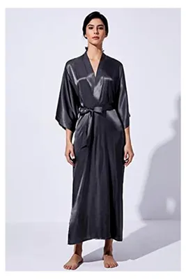 Produktbild von Damen Morgenmantel aus Satin im Kimono-Stil, lang mit Gürtel, einfarbig, leicht