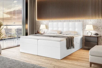 Produktbild von MEBLINI Boxspringbett mit Bettkasten - Gepolstert Doppelbett mit Matratze und Topper - Polsterbett mit Stauraum - Bett mit Kopfteil - Stauraumbett - RACO - 160x200 - H4/Weiß Kunstleder