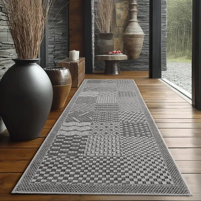Produktbild von Indoor Outdoor Teppich Modern Boho Design, Ideal für Küche, Balkon, Terrasse, Wohnzimmer und Esszimmer, Größe: 80 x 150 cm, Farbe: Grau-2