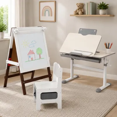 Image de Ensemble d'étude pour enfants créatifs (2 pièces) – Bureau à plateau inclinable et chevalet magnétique avec tableau noir