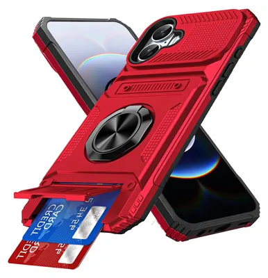 Produktbild von Dual Layer Hülle für iPhone 17 mit Kartenhalter, Magnetische Ring Ständer Militärschutz Stoßfeste Handyhülle Rot