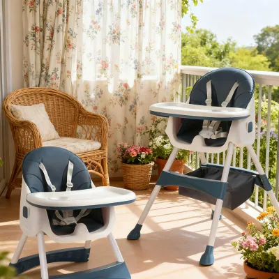 Image de Chaise haute pliable, réglable, sûre, portable, confortable, salle à manger pour tout-petits avec ceinture de sécurité pour la maison, bleue