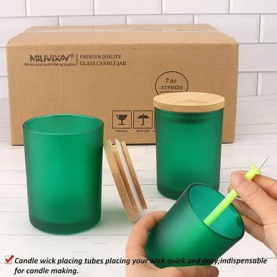Productafbeelding van Famanu glazen kaarsenhouders, 7 oz (ongeveer 200 ml) met deksel - set van 12, in matgroen