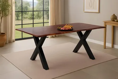 Produktbild von Refurbished Möbelretoure Esstisch Baumkante massiv Akazie kastaniefarben 160 x 85 cm X-Gestell schwarz ROXANA