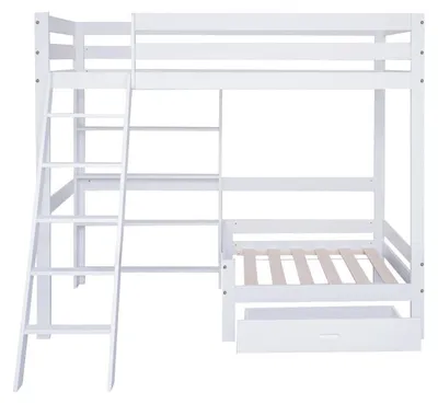Image de Lit superposé pour enfant 90x200 cm - Blanc. Lit superposé demi-hauteur avec canapé et grand tiroir de rangement