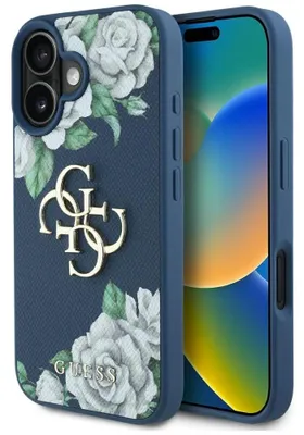 Produktbild von Guess Etui Grained Roses 4G Logo für iPhone 16 Blau
