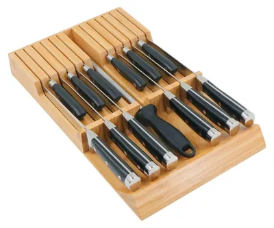 Image de Organisateur de tiroir en bambou pour 12 couteaux et un aiguiseur, dimensions : 42,2 x 24,5 x 4,5 cm