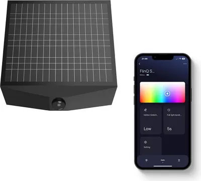 Produktbild von FlinQ FlinQ Orion - Intelligente Solar-Wandleuchte - Solar-Gartenleuchte - Solarstrom - weißes und farbiges Licht - Bewegungssensor - Alexa & Google Assistant - Schwarz