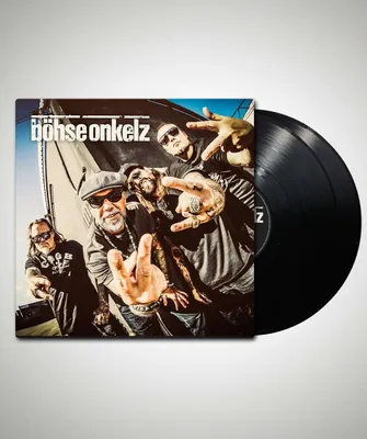 A vinyl record album cover featuring a band and a vinyl record.