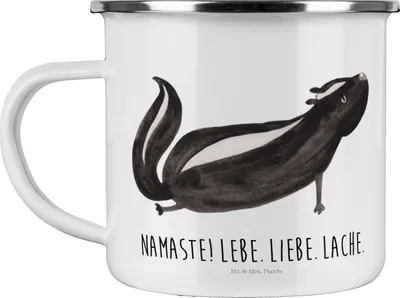 Produktbild von Mr. & Mrs. Panda Emaille Tasse Stinktier Yoga - Weiß - Geschenk, Raubtier, Namaste, Pott, Wildtier, becher, Kaffeepott, Liebe, Teetasse