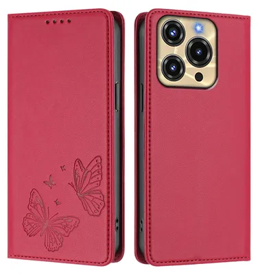 Produktbild von Lederhülle für Oukitel C69, Schmetterling Prägung Leder Brieftasche Schutzhülle mit Ständer Rot