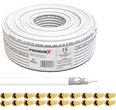 Produktbild von 50 Meter PremiumX DELUXE Koaxial Kabel 130dB 4-Fach geschirmt, Innenleiter 1,02mm REINES Kupfer SAT Antennenkabel 50m 130 dB 135 120 50 + 20x F-Stecker 7,5mm
