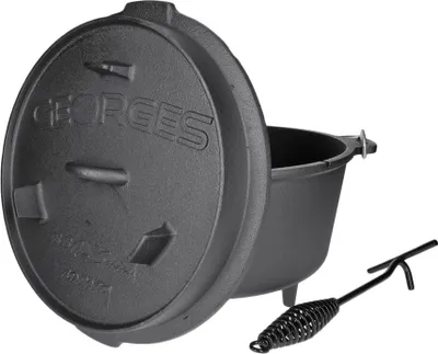 Produktbild von Dutch Oven Gusseisen Set 9,3 l – 3‐beiniger Outdoor‑Feuerkessel mit Deckelheber, bereits eingebrannt | Füße an Topf & Deckel, Thermometerdurchführung