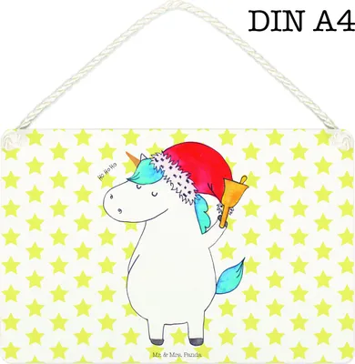Produktbild von Mr. & Mrs. Panda Schild Einhorn Weihnachtsmann DIN A4 - Weiß - Geschenk, Holzschild, kleine aufmerksamkeit, Gin, holzbild, Unicorn, Schoki, Türschild, sprüche, Schokolade