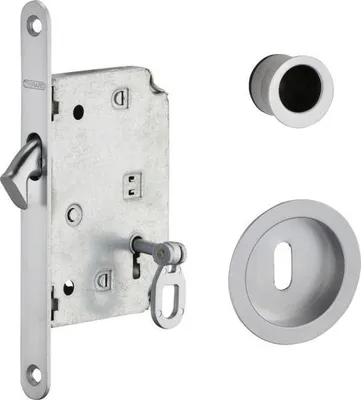 Produktbild von Griff für Schiebetür, Stahl, Chrom, mit Riegelhaken, runde Schale Ø 60 mm, Ziehgriff Ø 30 mm, für 50 mm Türdicke