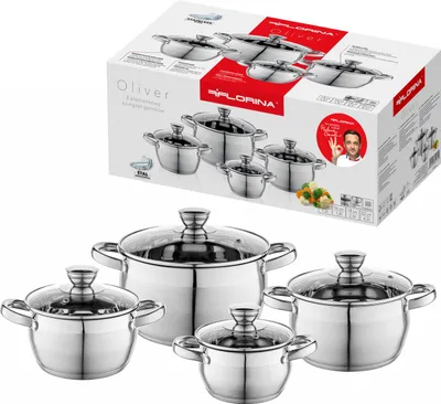 Obrázek produktu pro Sada hrnců 4 ks INDUKČNÍ sada hrnců STAINLESS STEEL se skleněnou poklicí FLORINA