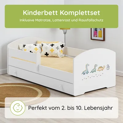 Produktbild von Kids Collective Kinderbett 70x140 / 80x160 Komplett Set inkl. Matratze, Lattenrost, Schublade & Rausfallschutz | Einzelbett für Kinder von 2 – 10 Jahren | 80x160 cm | weiß mit Dino I Motiv
