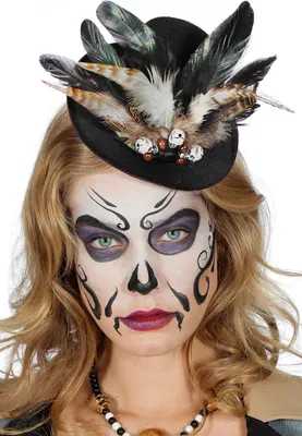 Produktbild von W9623 schwarz Damen Voodoo Mini Hut Steampunk Zylinder mit Knochen und Federn