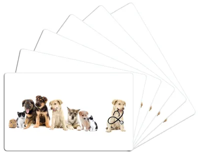 Produktbild von Wallario Frühstücksbrettchen 6er Set aus Glas, je 14 x 23 cm, mit rutschfesten Füßen, Motiv Süße Haustiere - Katzen  Hunde  Hamster  Küken I