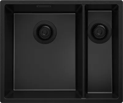 Produktbild von PRIMAGRAN Spülbecken Alles Schwarz 56x47cm, Granitspüle 1,5 Becken + Ablauf-Set, Küchenspüle ab 60er Unterschrank - London Slim Duo