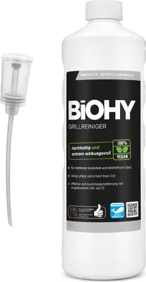 Produktbild von BiOHY Grillreiniger (1l Flasche) + Dosierer | Reiniger für Holzkohle-, Gas- und Elektrogrill | Aktivschaum gegen angebranntes Fett und Öl | Materialschonend, effektiv und nachhaltig