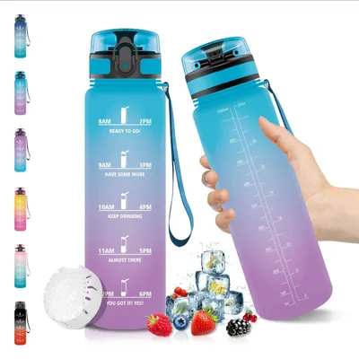 Produktbild von Omgoods – 1-Liter-Wasserflasche mit Fruchtfilter und Motivationsmarkierungen – BPA-frei und auslaufsicher