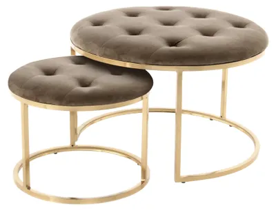 Productafbeelding van Padiro set van 2 ronde zitkrukken, diameter 40/60 cm - Taupe en goudkleurig - Fluweellook en metaal - Retro-stijl met decoratieve knopen