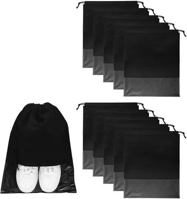 Produktbild von Ibenzoa® 10er-Set Reise-Schuhbeutel – schwarze Schuhtaschen aus PVC‑Vlies, 44 × 32 cm, wasserabweisend, mit Sichtfenster
