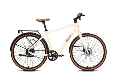 A cream-colored electric city bike with brown accents is shown against a white background.