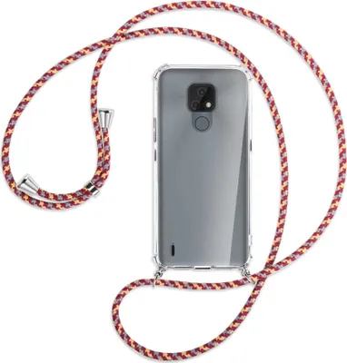 Produktbild von Handykette Backcover-Schutzhülle mit Band (Metall silberfarben) für Motorola Moto E7 - weinrot/gelb/grau