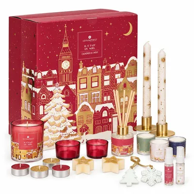 Luxuriöser Adventskalender mit 24 Überraschungen rund um Kerzen, Duft und Weihnachtsdekoration.