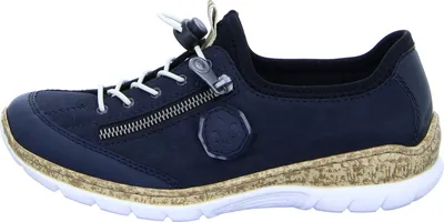 A side view of a navy blue Rieker slipper shoe.