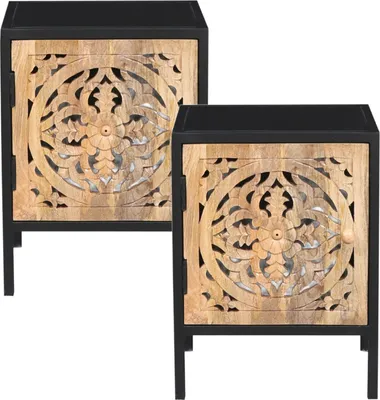 Produktbild von Marrakesch Marokkanische 2er Set Nachttisch kleine Kommode mit Tür aus Holz 53cm hoch | Beistelltisch für Schlafzimmer oder Kinderzimmer als Orientalische Möbel | Vintage Nachttische klein Tiara
