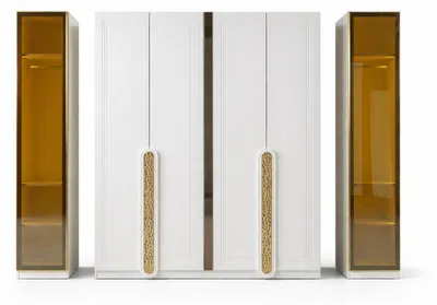 Zdjęcie produktu dla Zestaw do sypialni w stylu nowoczesnym, biały z złotymi akcentami, designerski zestaw w stylu minimalistycznym