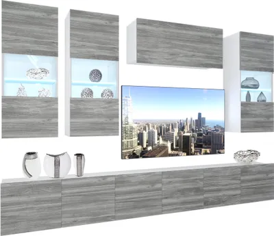 Produktbild von BELINI Wohnwand Vollausstattung Wohnzimmer-Set Moderne Schrankwand mit LED-Beleuchtung Weiß Glänzend Anbauwand TV-Schrank Glamour Holz Matt