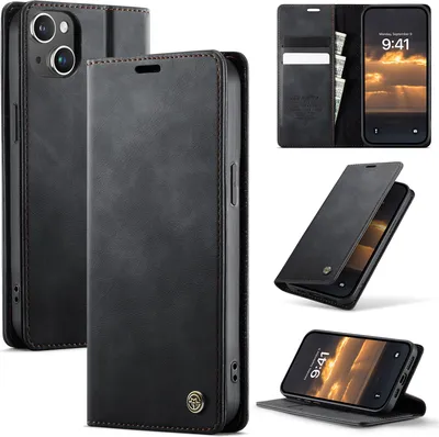 Collage of product images showing a black leather phone case for an iPhone 15 Plus from different angles, including its card slots and stand function.